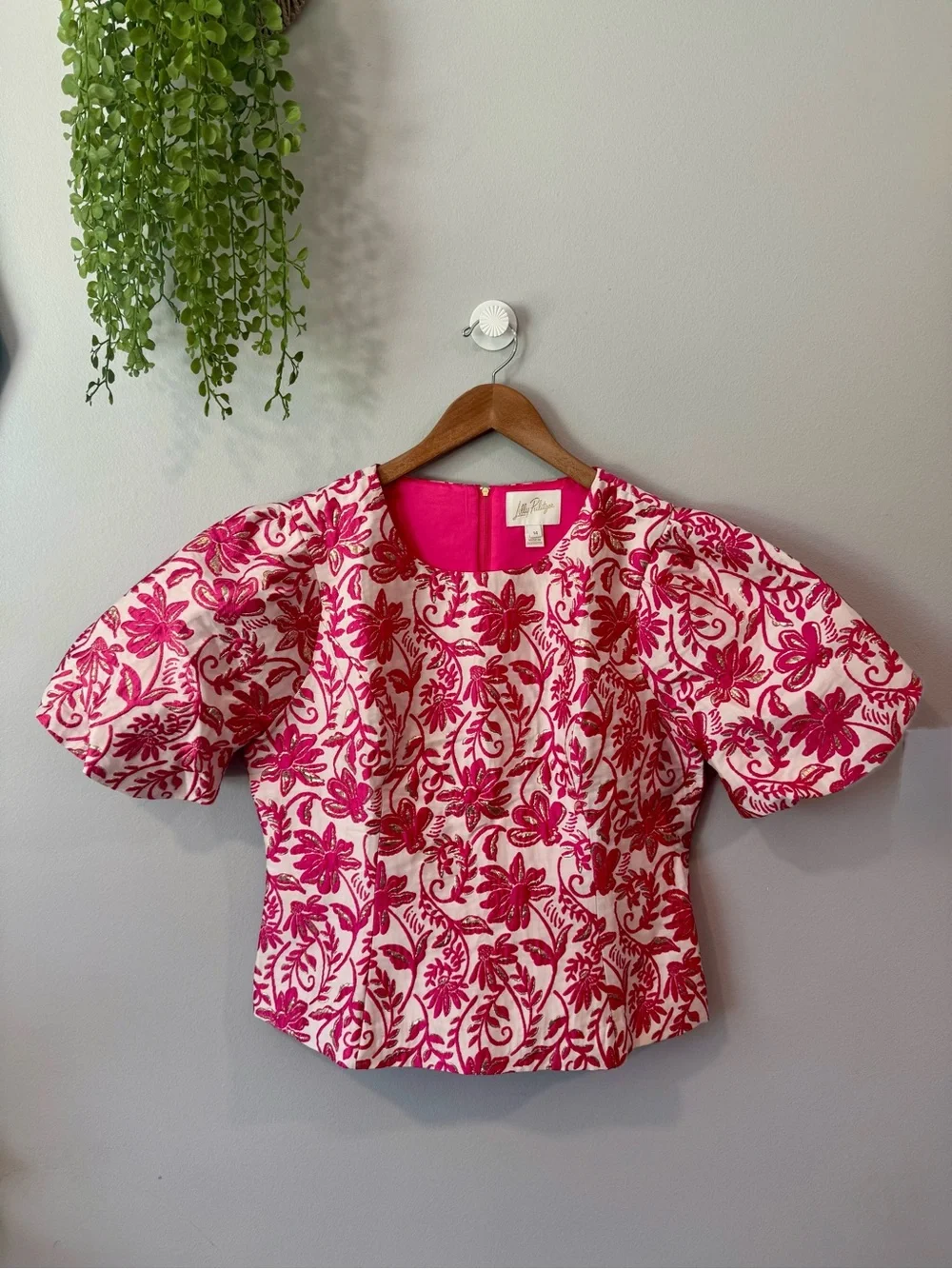 Lilly Pulitzer Hot Pink and White Floral Puff Sleeve Top Sz 14